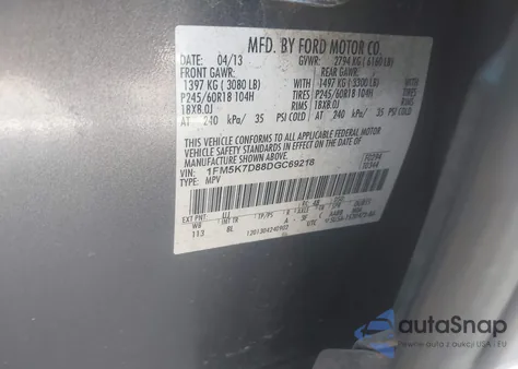 2013 Ford Explorer Xlt из США, поврежденный, VIN 1FM5K7D88DGC69218